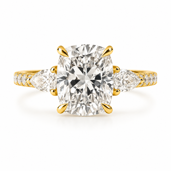 The Romance — Elongated Cushion Ring with Pear Side Stones
