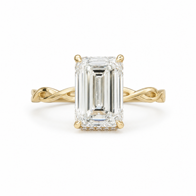 Emerald Cut VVS1 Lab Grown Diamond Halo Twist Engagement Ring | The Opulence