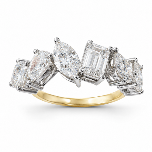 Diamond ring with various shaped diamonds on a white background